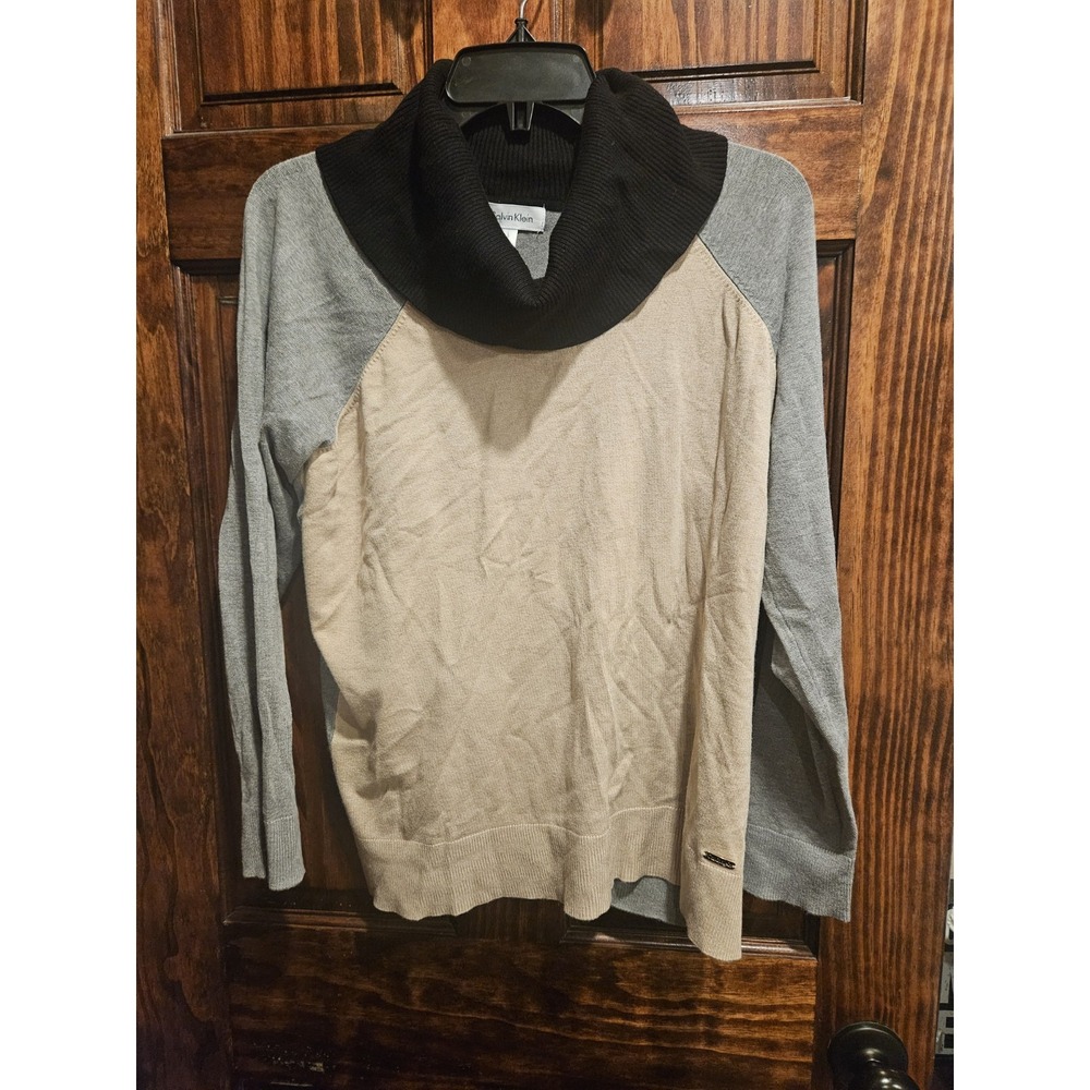 Calvin Klein Women Sweater Color Block Cowl Neck Beige Grey Black Size Large